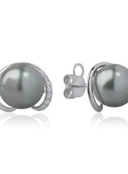 Cercei din aur alb cu diamante de 0.1ct si perle de cultura