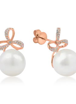 Cercei din aur roz cu perle de cultura de 17ct si diamante de 0.1ct