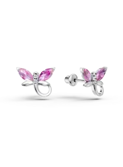 Cercei fluturasi din aur alb cu safire roz de 0.3ct si diamante de 0.01ct pentru copii