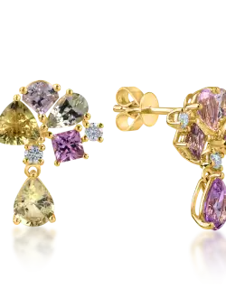 Cercei geometrici din aur galben cu safire multicolore de 3.76ct