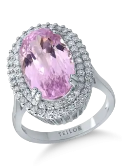 Inel din aur alb de 14K cu kunzit de 9.38ct si diamante de 0.75ct