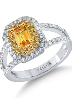 Inel din aur alb-galben cu un safir galben de 0.6ct si diamante de 0.7ct