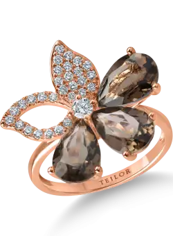 Inel floare din aur roz cu quartz fumuriu de 3.3ct si diamante de 0.2ct