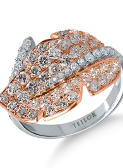 Inel frunza din aur alb-roz cu diamante roz si incolore de 1.69ct
