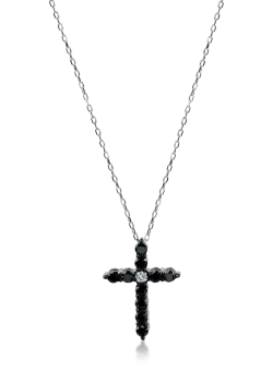 Lant cu pandantiv cruce din aur alb cu diamant transparent de 0.02ct si diamante negre de 0.2ct