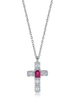 Lant cu pandantiv cruce din aur alb cu rubin si diamante de 1.12ct