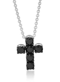 Lant cu pandantiv cruce din aur alb de 18K cu diamante negre de 0.64ct