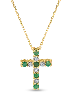 Lant cu pandantiv cruce din aur galben cu diamante de 0.1ct si smaralde de 0.1ct