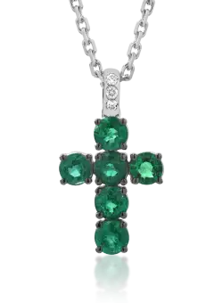 Lant cu pandantiv cruciulita din aur alb de 18K cu smaralde de 1.52ct si diamante de 0.06ct