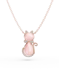Lant cu pandantiv pisicuta pentru copii din aur roz de 14K cu quartz trandafiriu de 1.34ct si diamante de 0.03ct