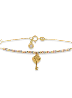 Bratara cu cheita si inimioara din aur alb-roz-galben