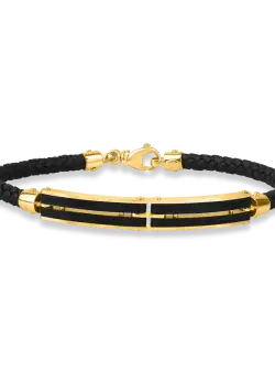 Bratara cu placuta din aur galben si piele pentru barbati