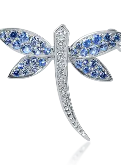 Brosa fluture din aur alb cu safire albastre de 0.64ct si diamante de 0.11ct
