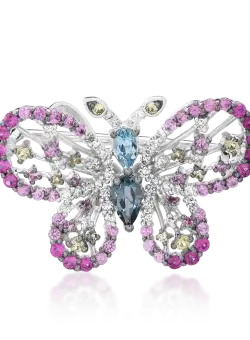 Brosa fluture din aur alb de 18K cu pietre pretioase si semipretioase de 1.53ct