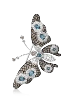 Brosa fluture din aur alb de 18K cu pietre pretioase si semipretioase de 3.38ct