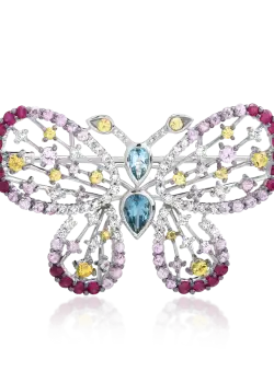 Brosa fluture din aur alb de 18K cu pietre pretioase si semipretioase de 4.59ct