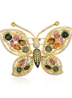 Brosa fluture din aur galben de 18K cu pietre pretioase si semipretioase de 14.10ct