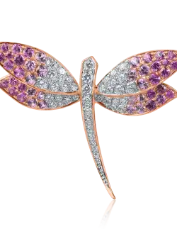 Brosa libelula din aur alb-roz cu safire roz de 1.7ct si diamante de 0.8ct