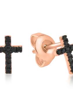 Cercei cruciulite din aur roz cu diamante negre de 0.1ct