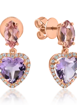 Cercei cu inimioare din aur roz cu pietre pretioase si semipretioase de 3.4ct