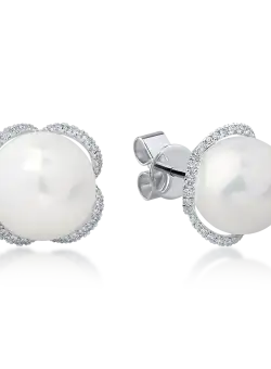Cercei din aur alb cu diamante de 0.47ct si perle de cultura