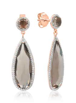 Cercei din aur roz de 14K cu quartz fumurii de 12.38ct si diamante de 0.585ct