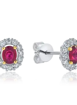 Cercei geometrici din aur alb-galben cu rubine si diamante de 1.2ct