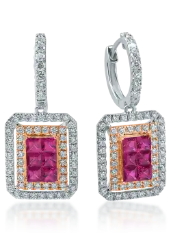 Cercei geometrici din aur alb-roz cu rubine de 1.3ct si diamante de 1.1ct