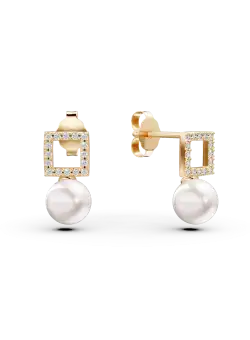 Cercei geometrici din aur galben cu zirconii si perle sintetice