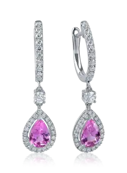 Cercei lacrima din aur alb cu safire roz de 1.3ct si diamante de 0.5ct