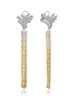 Cercei lungi din aur alb-galben cu diamante coniac si incolore de 5.3ct