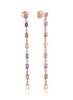 Cercei lungi din aur roz cu safire multicolore de 4.2ct si diamante de 0.5ct
