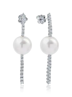 Cercei minimalisti din aur alb cu diamante de 0.6ct si perle de cultura