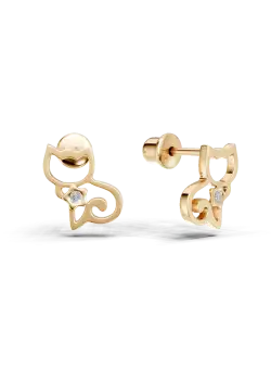 Cercei pisicute pentru copii din aur galben de 14K cu diamante de 0.008ct