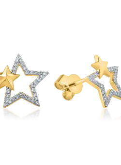 Cercei stea din aur alb-galben cu diamante de 0.17ct