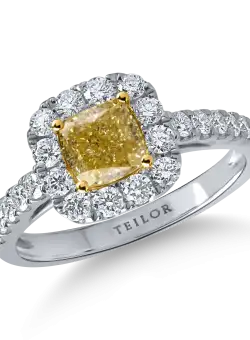 Inel clasic din aur alb-galben cu diamante galbene si incolore de 1.7ct