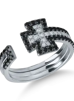Inel deschis cu cruce din aur alb cu diamante negre de 0.3ct si diamante incolore de 0.1ct