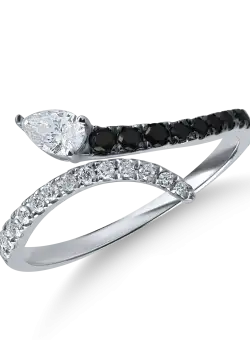 Inel deschis din aur alb cu diamante negre si incolore de 0.3ct