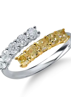 Inel deschis din aur alb-galben cu diamante galbene si incolore de 1.39ct