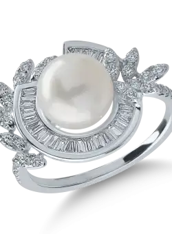 Inel din aur alb cu perle de cultura de 3.8ct si diamante de 0.4ct