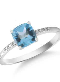 Inel din aur alb de 14K cu topaz Swiss blue de 1.218ct si diamante de 0.023ct