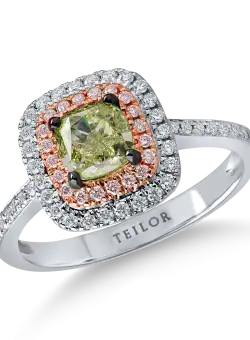 Inel din aur alb-roz cu un diamant verde de 1ct si diamante incolore de 0.35ct