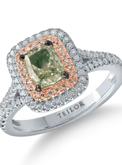 Inel din aur alb-roz cu un diamant verde de 1ct si diamante incolore de 0.4ct
