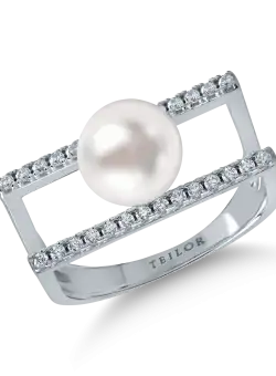 Inel dublu din aur alb cu perla sintetica si zirconii