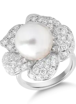 Inel floare din aur alb de 18K cu perla de cultura de 12.25ct si diamante de 2.99ct
