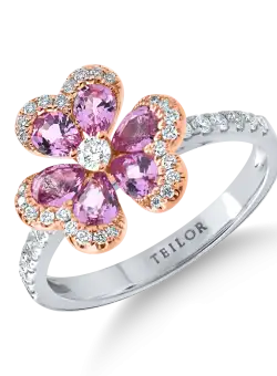 Inel floare din aur alb-roz cu safire roz de 0.6ct si diamante de 0.36ct