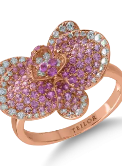 Inel floare din aur roz cu safire roz de 1.3ct si diamante de 0.39ct
