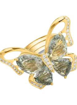 Inel fluture din aur galben de 18K cu ametiste verzi de 11.5ct si diamante de 0.38ct