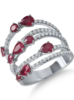Inel geometric din aur alb cu rubine si diamante de 3ct