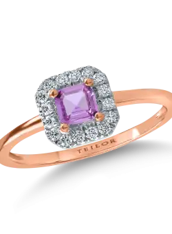 Inel single stone halo din aur roz cu safir roz de 0.3ct si diamante de 0.1ct